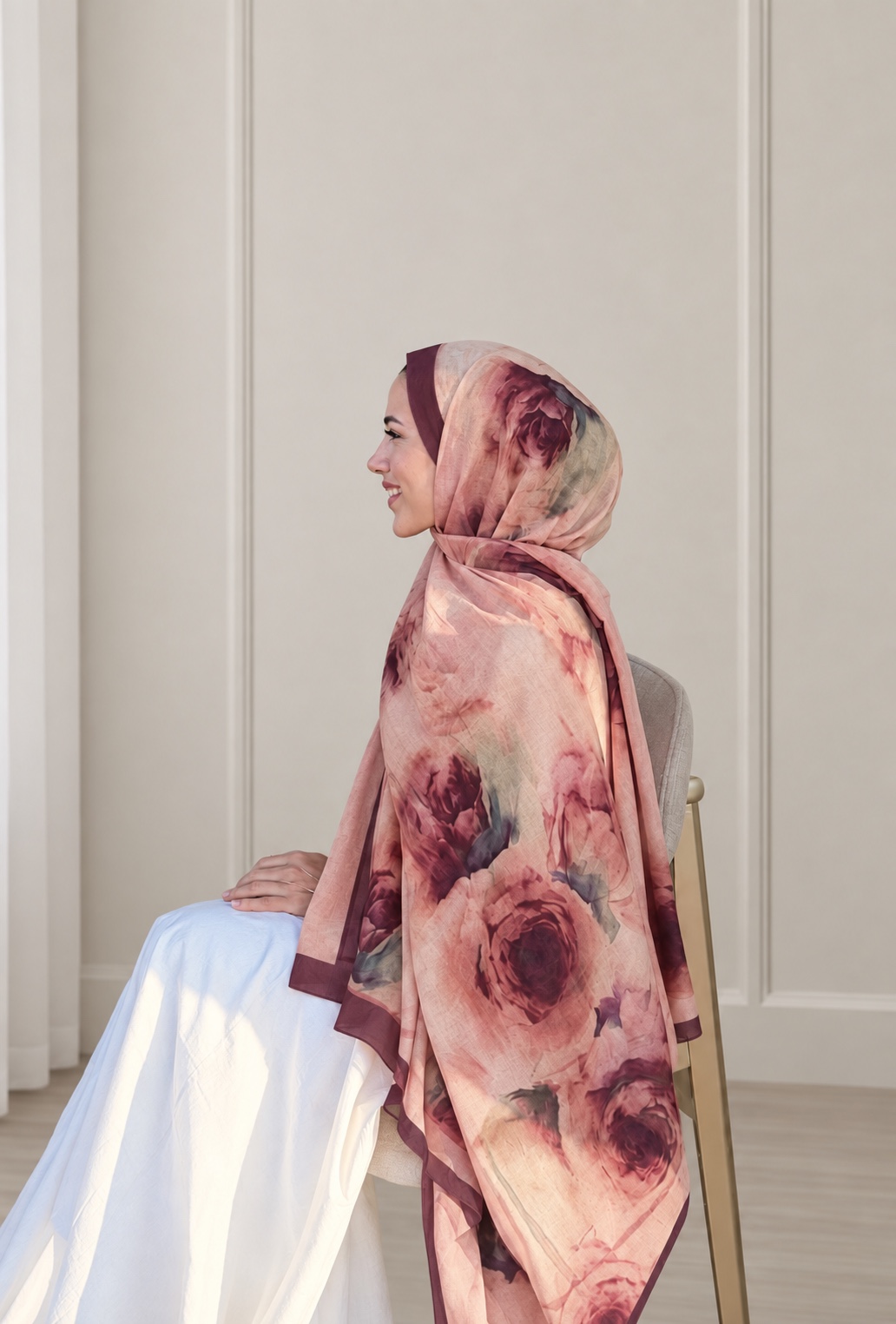 Ay Çiçeği Desenli Bambu Kraş Şal Somon – Bordo Şerit