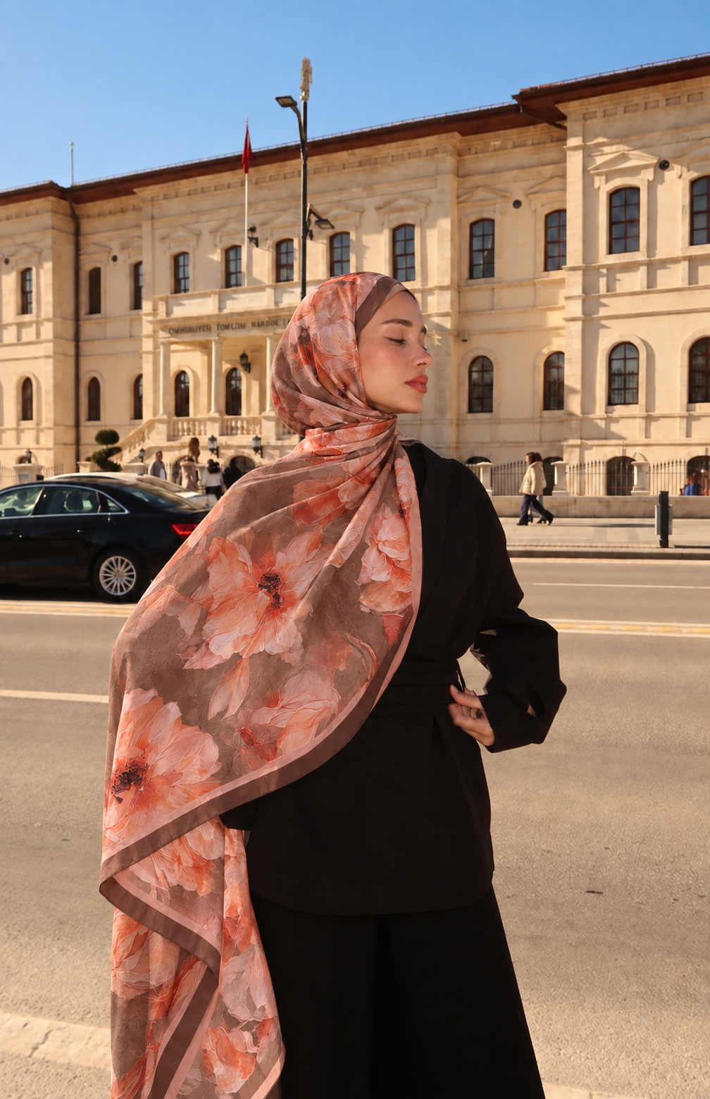 Manolya Desen Bambu Kraş Şal Mercan-Kahve